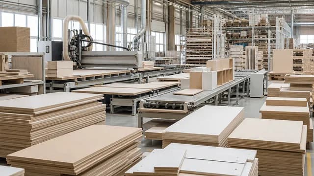A furniture factory floor with stacked wood panels and production machinery.