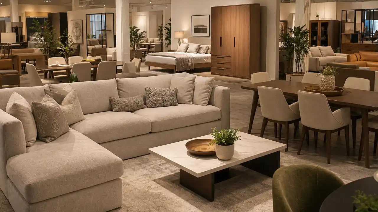 A wholesale furniture showroom with living, dining, and bedroom settings.