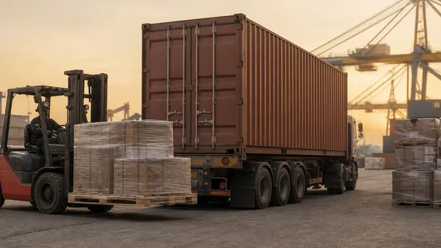 Forklift loading palletized cartons beside a shipping container on a port chassis.