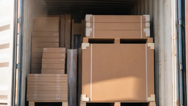 Interior of a shipping container packed with strapped furniture cartons on pallets.