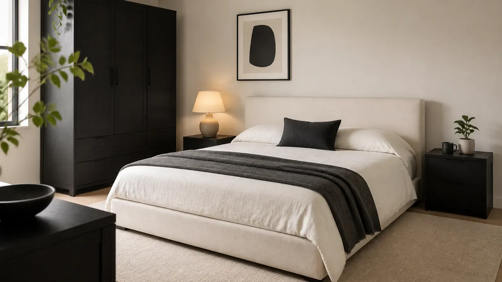 A quiet contemporary bedroom with cream bedding and ink-black wardrobe, nightstands, and dresser.